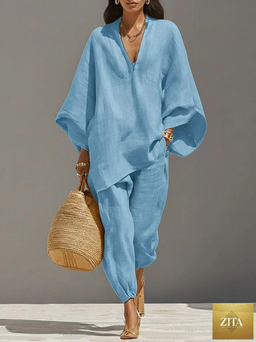 Zita La Belle Elite women's casual loose shirt and cropped pants two-piece set, vintage-inspired casual co-ord outfit.