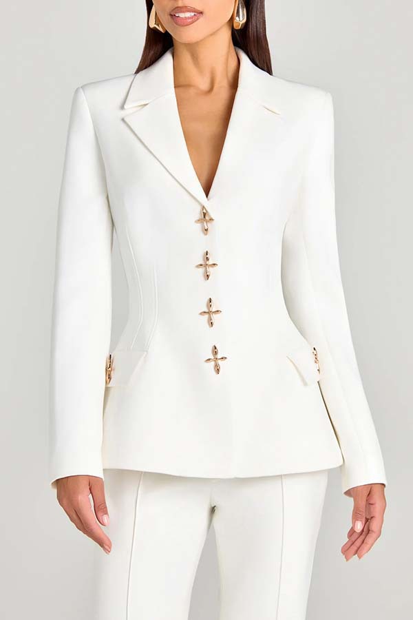 Women's solid-color long-sleeve blazer with metallic zipper detail, casualwear by FitiqueFit, shown on model.