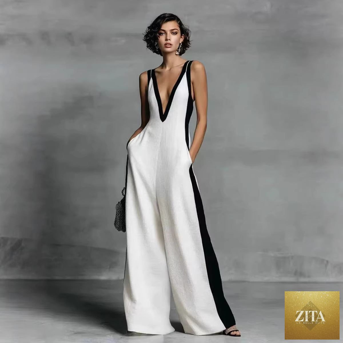 Women's color-block sleeveless V-neck wide-leg jumpsuit by FitiqueFit, featuring casual French style long pants.