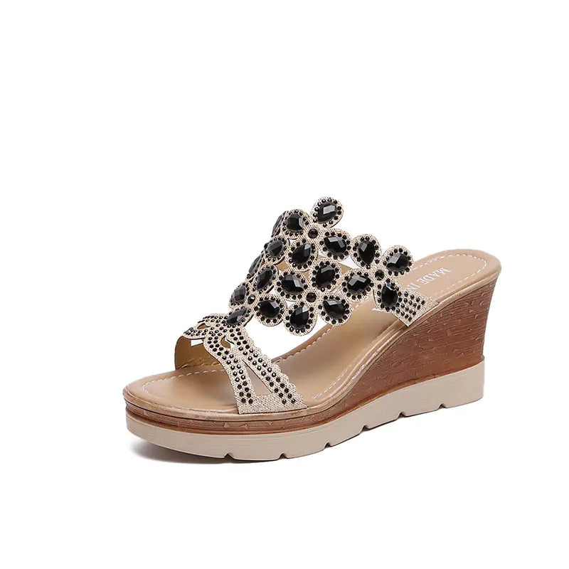 Women rhinestone platform sandals with heels, featuring elegant straps and sparkling embellishments, perfect for stylish summer wear.