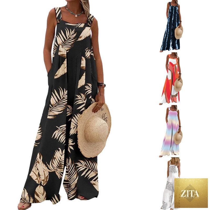Women’s printed sleeveless casual wide-leg pants with a loose fit, featuring vibrant patterns and comfortable style.