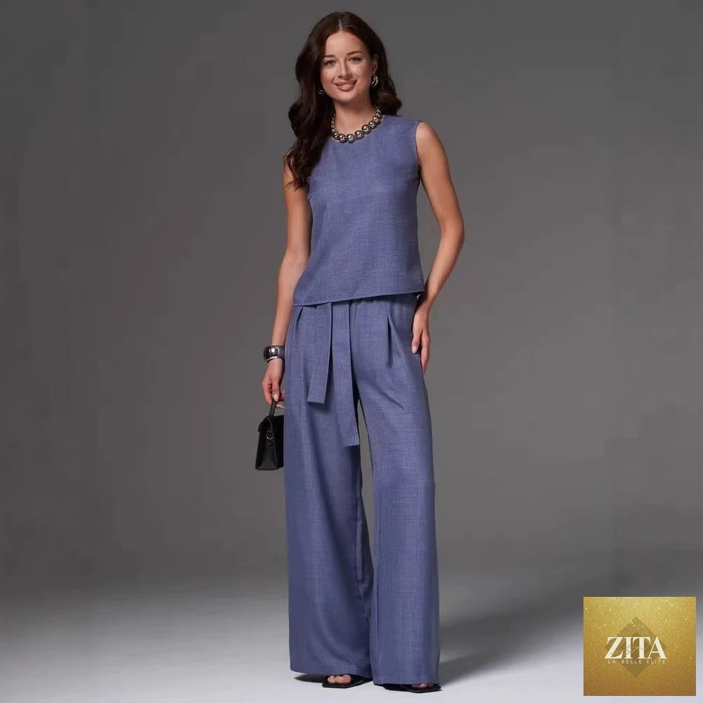 Zita La Belle Elite sleeveless cotton-linen wide-leg pants set in four colors, featuring a casual, relaxed fit for women.