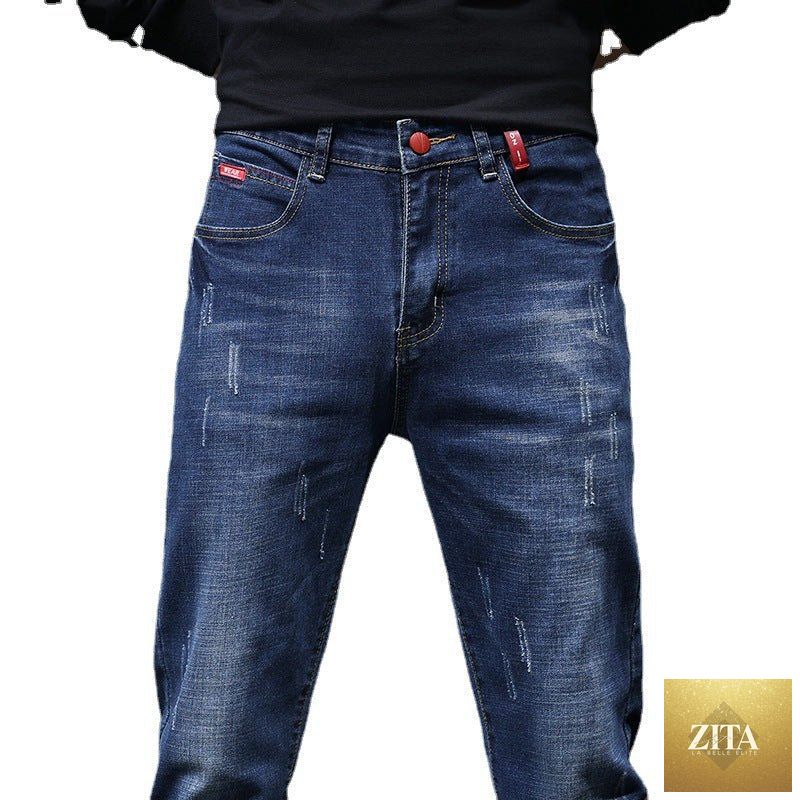 Mandotos men's ripped denim jeans with stylish cat-whisker scratch details, featuring distressed fabric and classic fit.