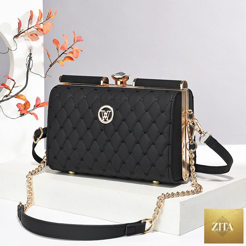 Social Buzz eSIMs diamond-quilted shoulder bag with a premium textured surface, showcasing a stylish and luxurious design.