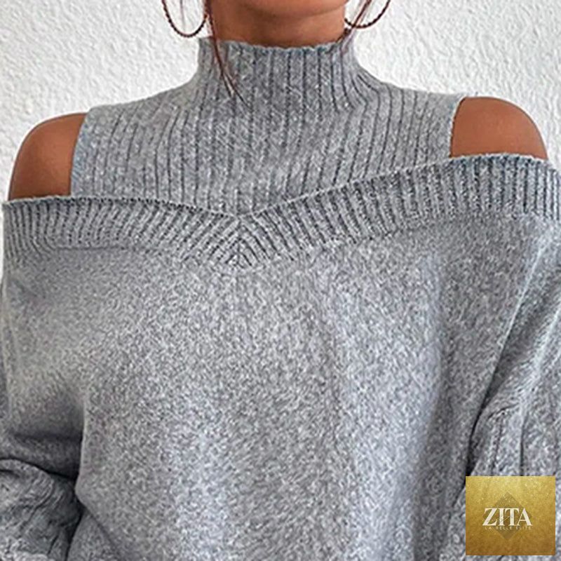 Women’s cold shoulder sweater by FitiqueFit, high neck cut-out pullover with long sleeves, casual casualwear for stylish comfort.