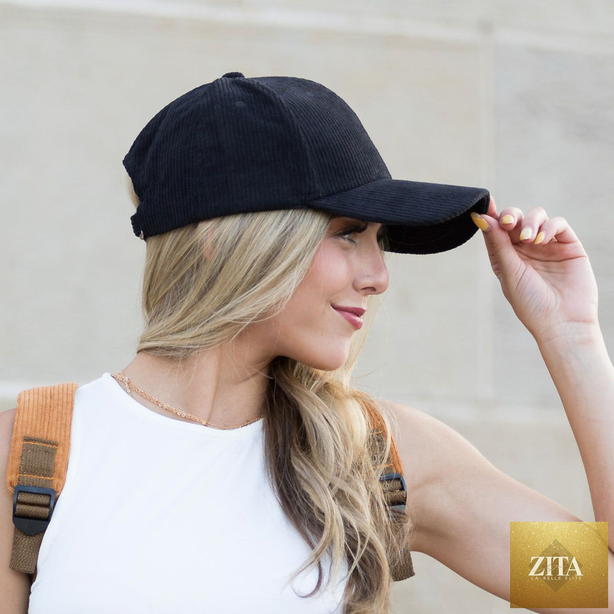 Aiden's Corner corduroy boyfriend ball cap with curved brim and adjustable strap in earthy beige fabric.
