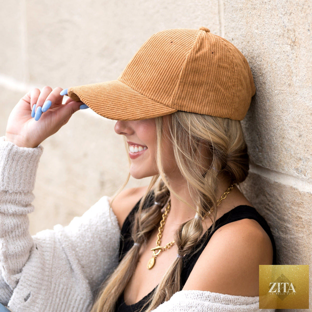 Aiden's Corner corduroy boyfriend ball cap in neutral color, featuring a relaxed fit and adjustable strap.