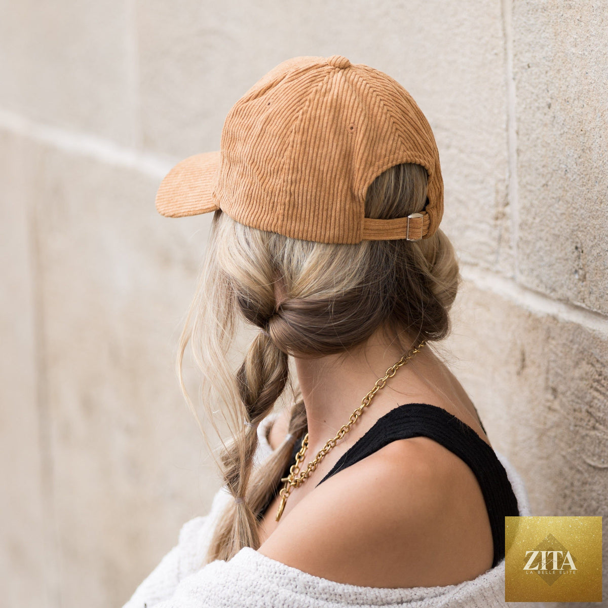 Aiden's Corner corduroy boyfriend ball cap in beige, featuring a relaxed fit and curved brim, styled on a mannequin head.
