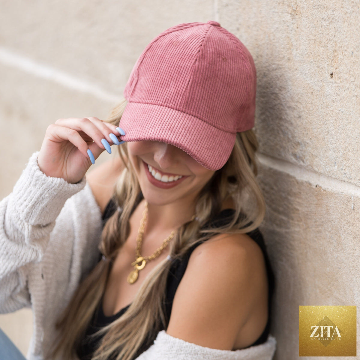 Aiden's Corner corduroy boyfriend ball cap in beige with curved brim and adjustable strap, casual accessory for everyday wear.
