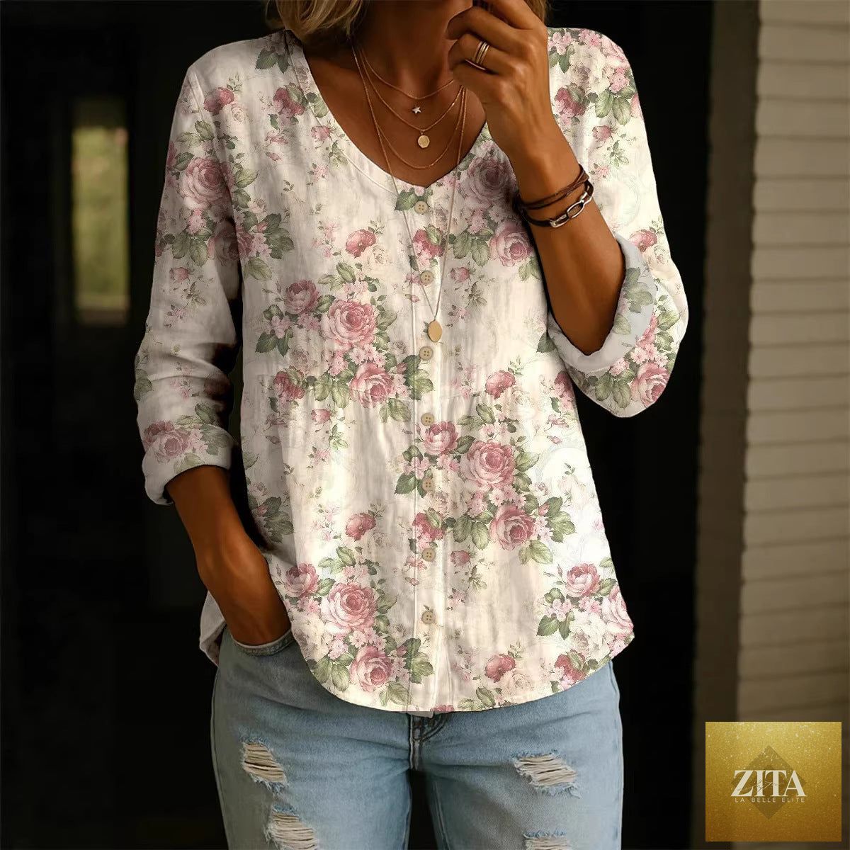 Plus-size printed boho cardigan with 3/4 sleeves from Zita La Belle Elite, loose fit women's top with colorful patterns.