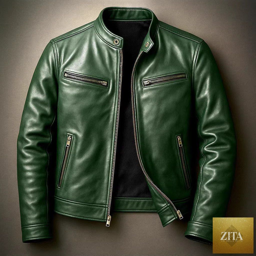 Men's PU leather motorcycle jacket with stand-up collar, black, stylish MANDOTOS biker jacket, close-up of front view.