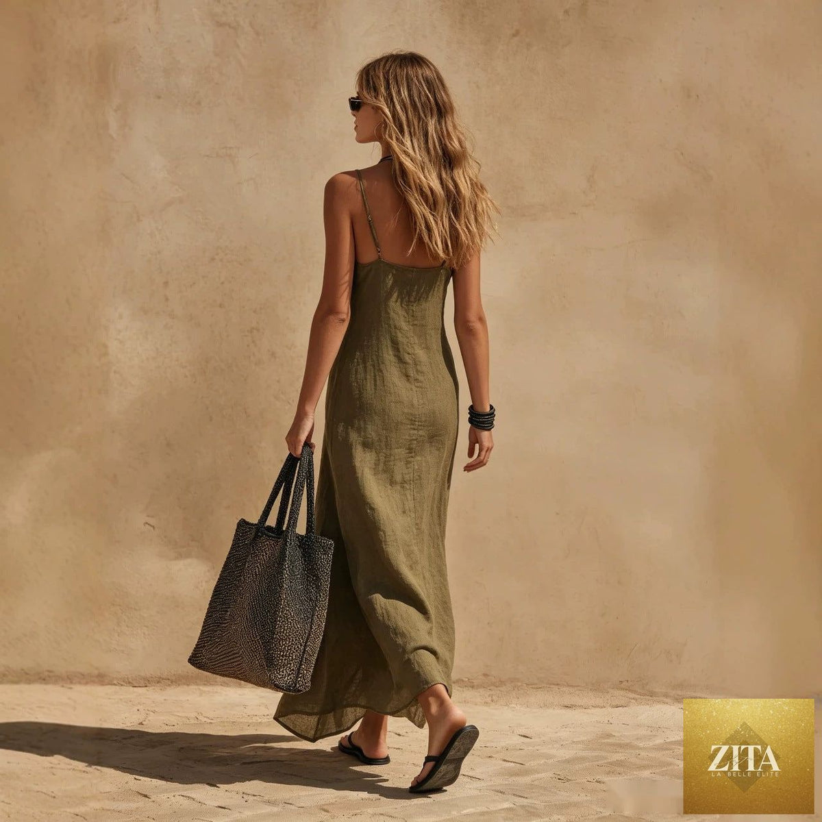Women's minimalist sleeveless slip dress by Zita La Belle Elite, loose fit casualwear perfect for resort style, shown in natural fabric.