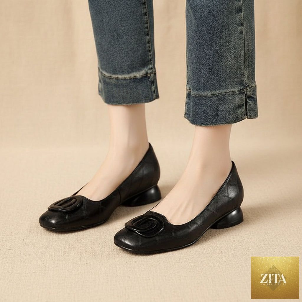 Women's vintage round toe slip-on flats by Zita La Belle Elite, featuring a low chunky heel and Mary Jane style in classic footwear design.