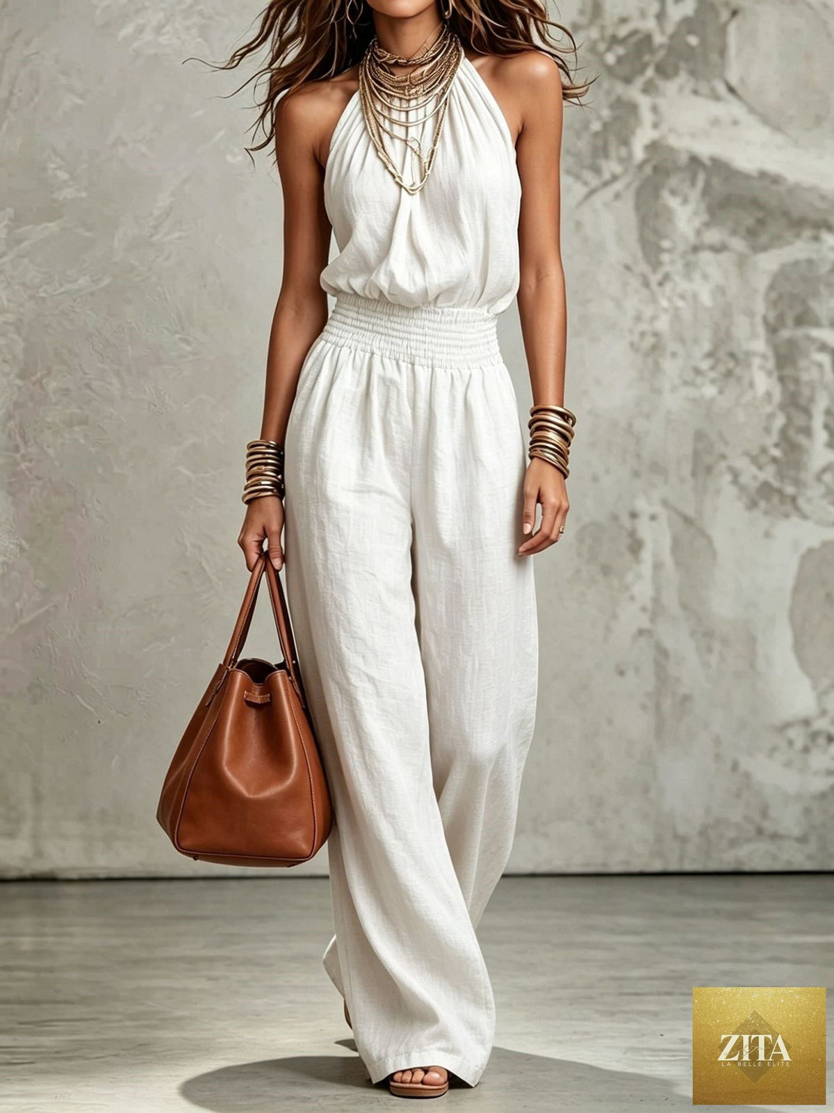 Women's sleeveless backless lace-up halter wide-leg jumpsuit by Zita La Belle Elite, casualwear with flowing wide-leg design.