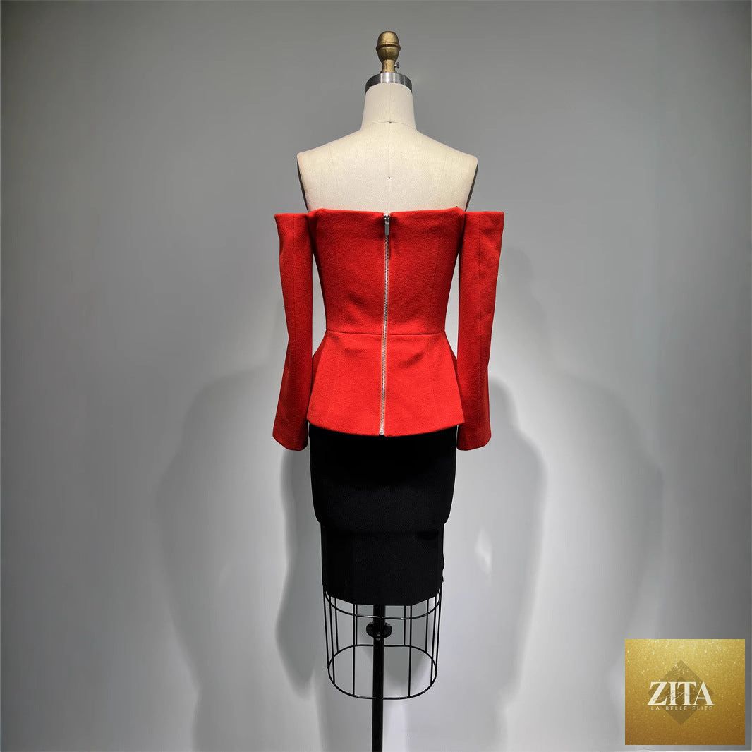 Zita La Belle Elite casual loose top and tight skirt 2-piece outfit, featuring a relaxed top and fitted skirt on a model.