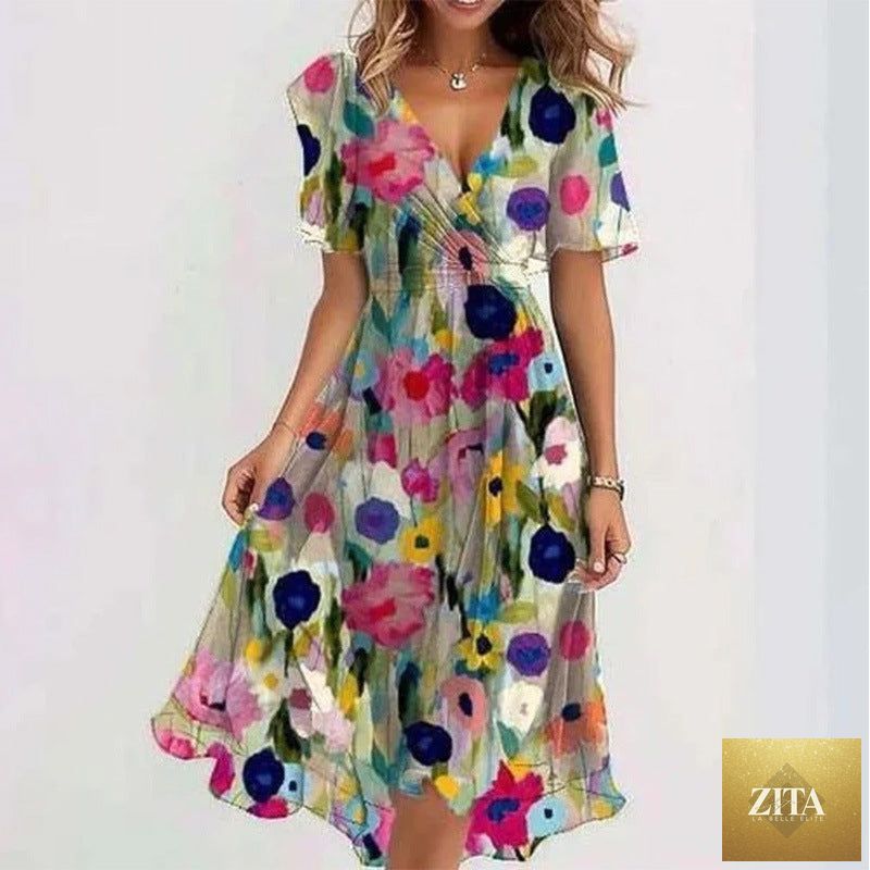 Floral print A-line dress by FitiqueFit featuring a V-neck, short sleeves, and a midi length, perfect for casual or semi-formal wear.