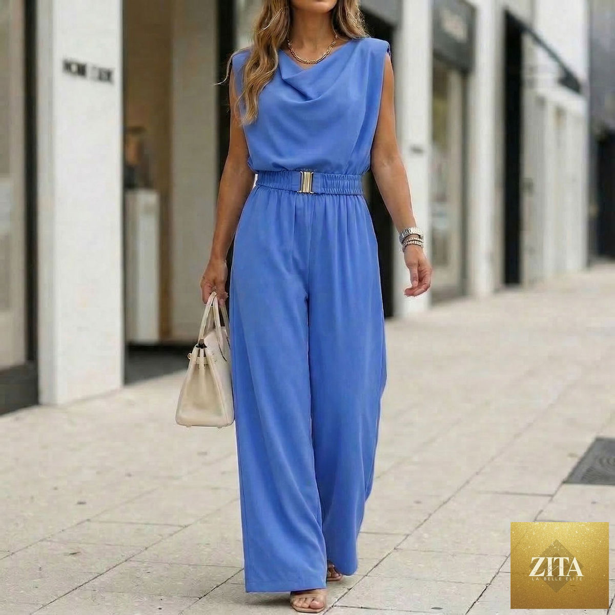 Zita La Belle Elite women's off-shoulder sleeveless wide-leg jumpsuit with high waist and belt, casual summer fashion.