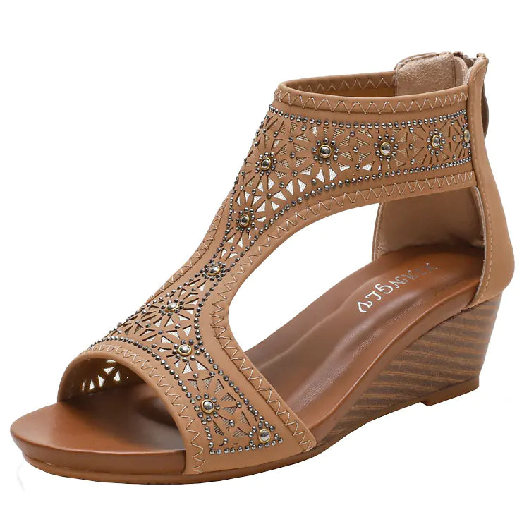 Bohemian women's summer wedge heel sandals with ankle straps and woven design, stylish footwear by Trendy Attic Store01