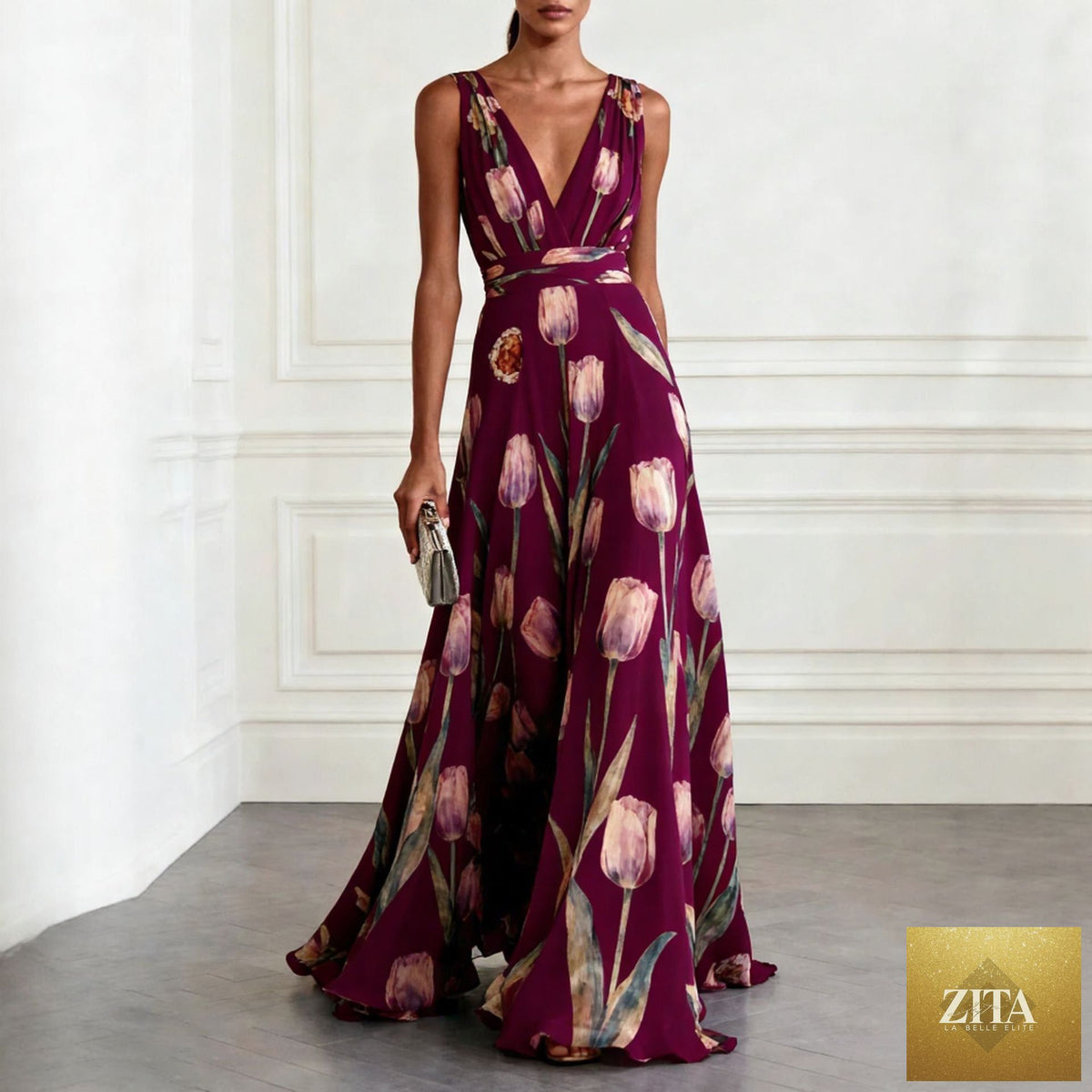 Women's tulip print sleeveless V-neck A-line maxi dress by FitiqueFit, shown in a vibrant floral pattern with a flowing silhouette.