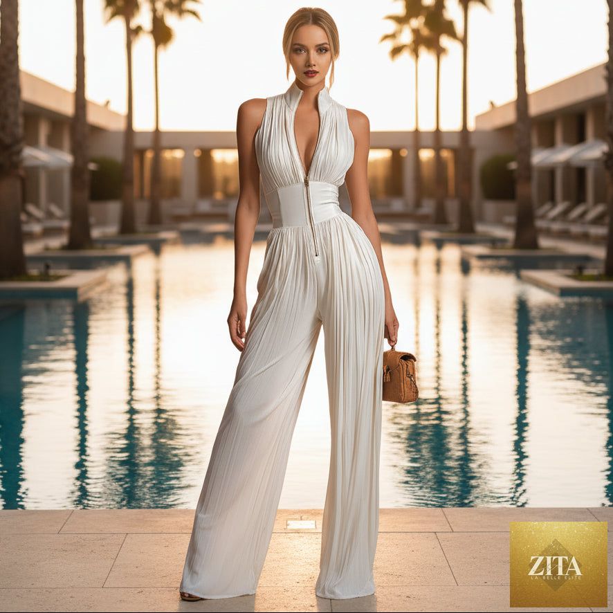 Women’s sleeveless pleated wide-leg jumpsuit by FitiqueFit featuring high waist and minimalist long design.