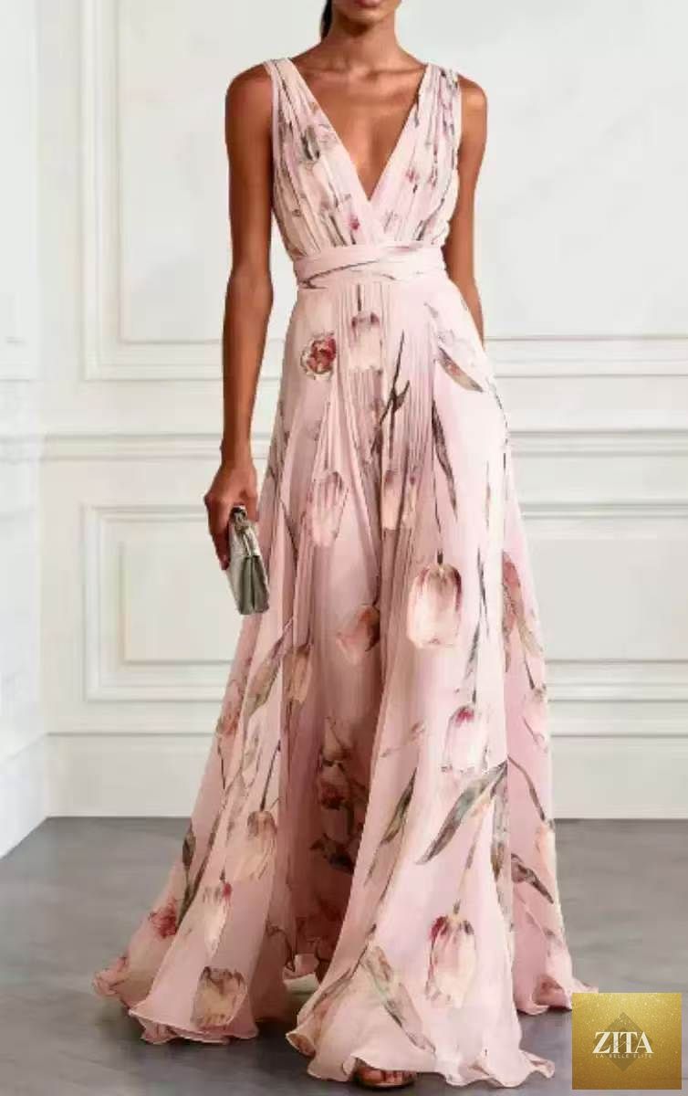 Women's tulip print sleeveless V-neck A-line maxi dress by FitiqueFit in five colors, featuring a flowing silhouette and deep V-neck design.