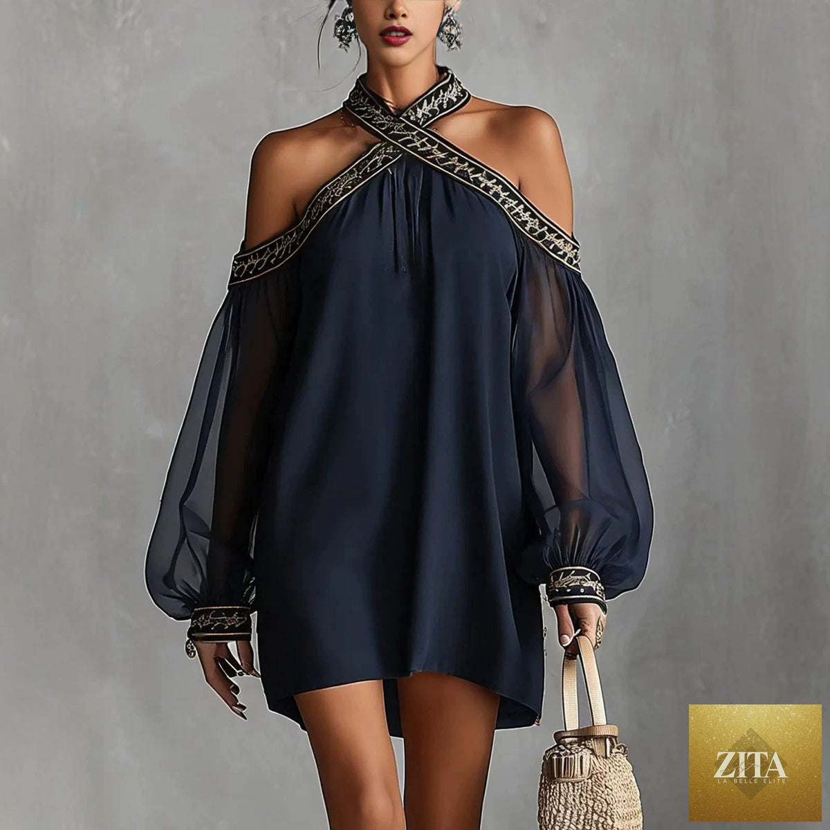 Women's off-shoulder embroidered mini dress by FitiqueFit with sheer lantern sleeves and A-line silhouette, perfect for resort wear.