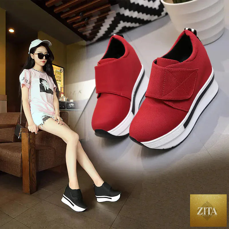 Korean style thick sole platform sneakers for women with height increase, trendy design and comfortable fit.