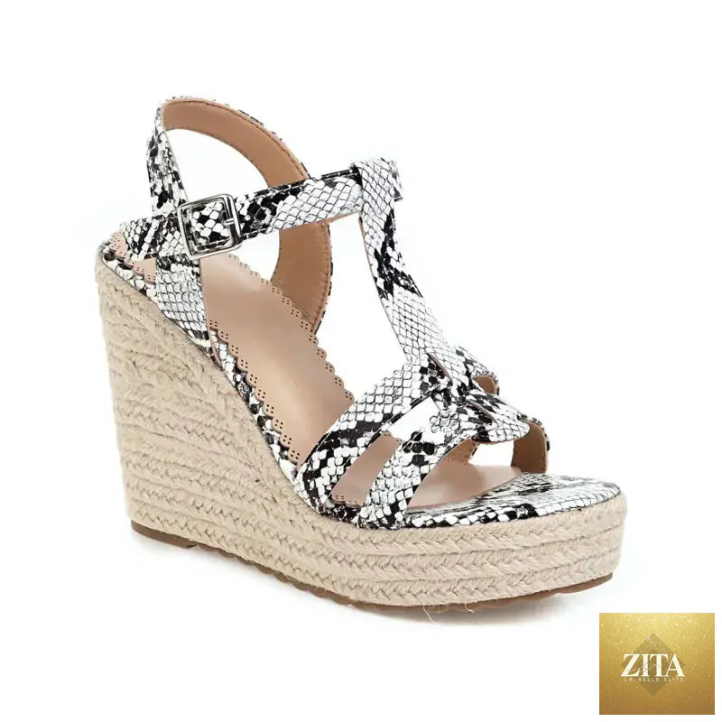 Large snake print wedge platform high heel sandals for women with open toe and ankle straps, stylish Trendy Attic Store01 footwear