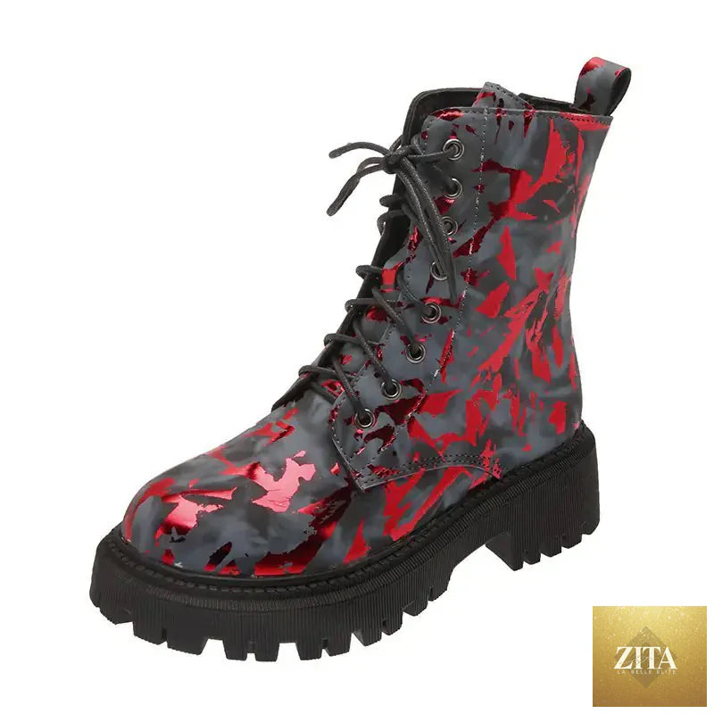 Women's floral Martin boots by Trendy Attic Store01, warm winter motorcycle-style boots with colorful floral patterns.