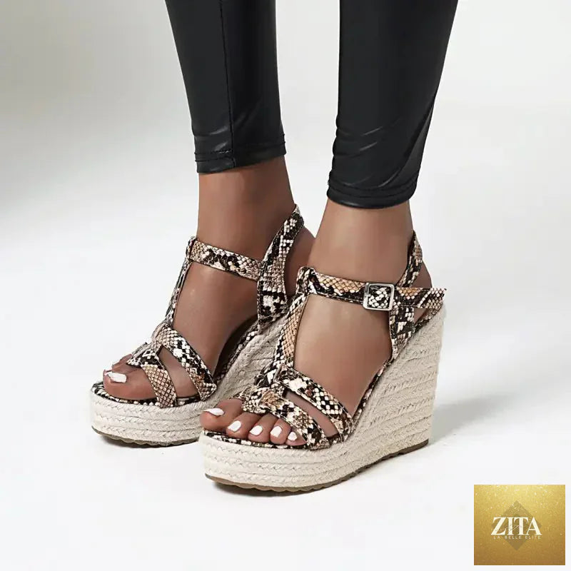 Large snake print wedge platform high heel sandals for women with open toe and ankle strap, stylish Trendy Attic Store01 footwear