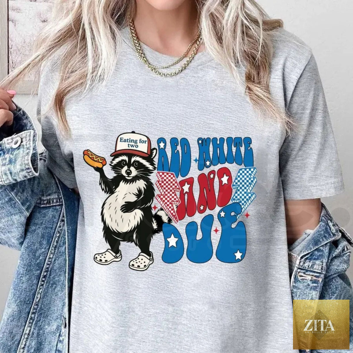 Red, white, and blue 4th of July pregnancy T-shirt by Hiyatee featuring a humorous American Mama design.