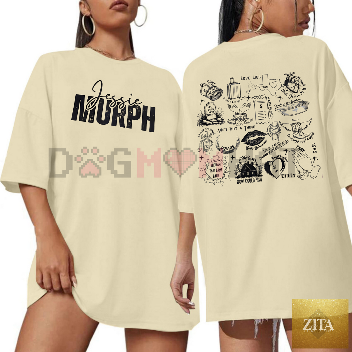 Dog Mom Hat 2 Sides Music Song T-shirt featuring musical notes and lyrics, perfect for music lovers and trendy fashion.
