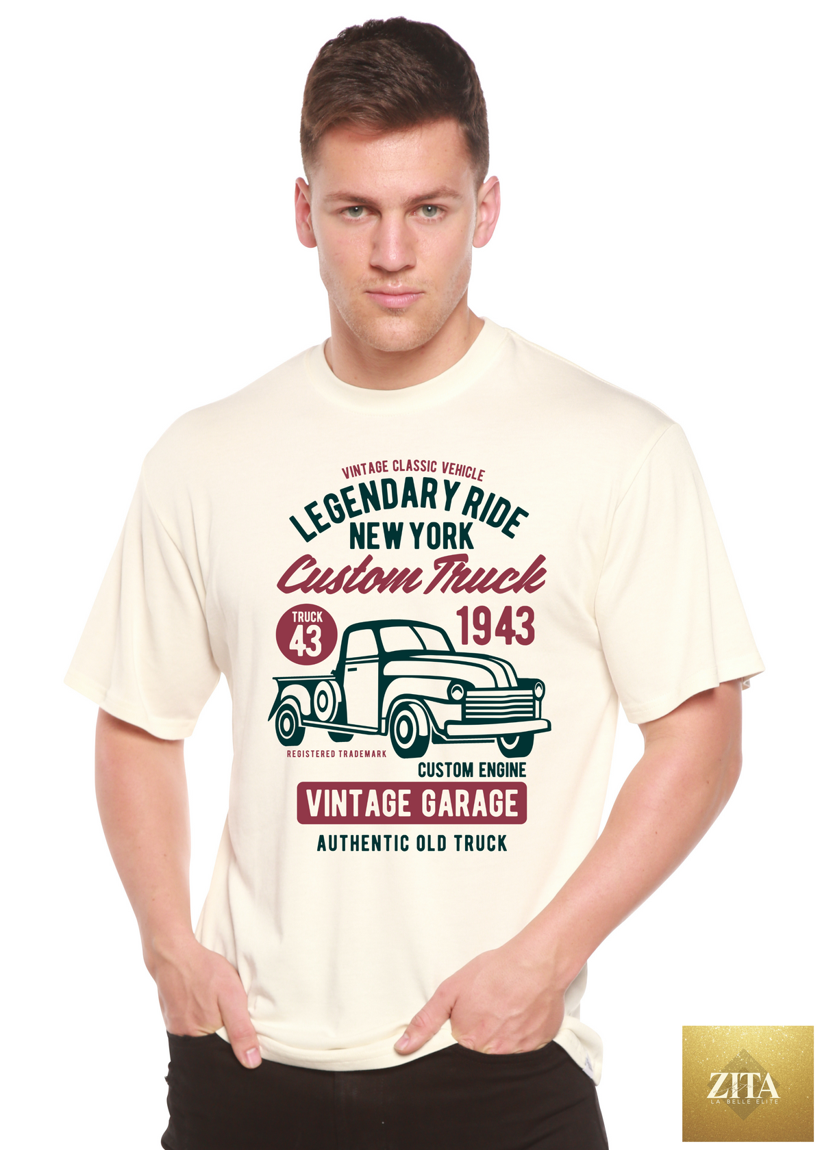 Spun Bamboo Legendary Ride Custom Truck men's graphic T-shirt with bamboo viscose and organic cotton, featuring a truck graphic design.