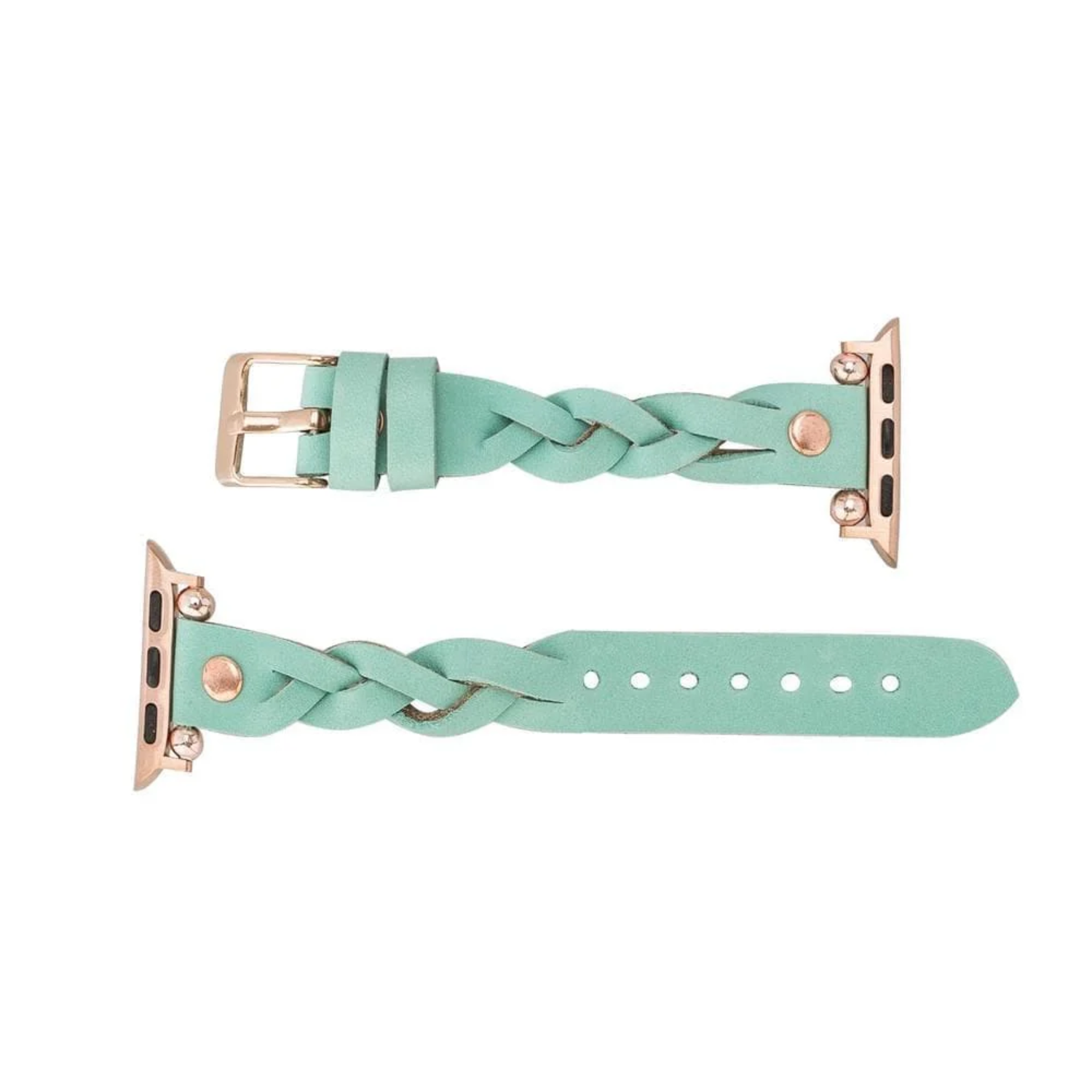 Leather Apple Watch band by LEATHERE in mint green with braided leather design for a stylish, comfortable fit.
