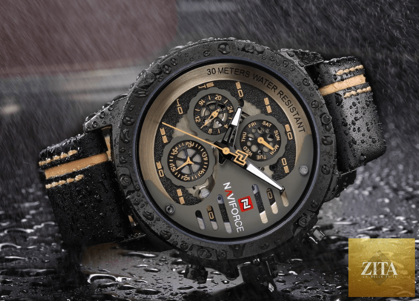 Stevvex men's waterproof sports watch with chronometers, leather belt, multifunction dial, and unique design for active wear.