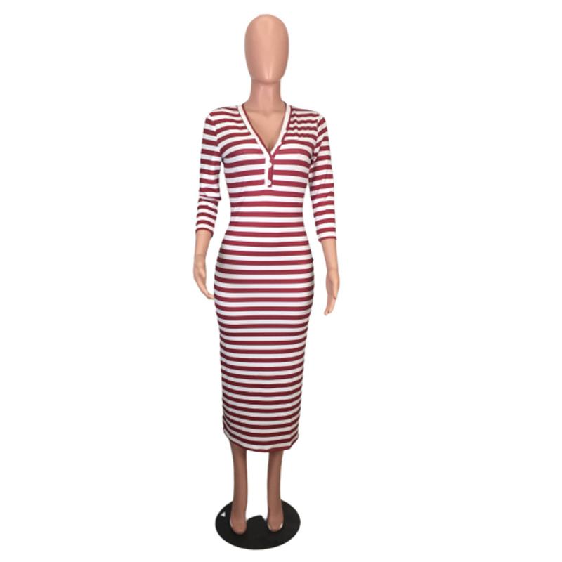 Sexy striped midi bodycon dress Women autumn winter female Jade