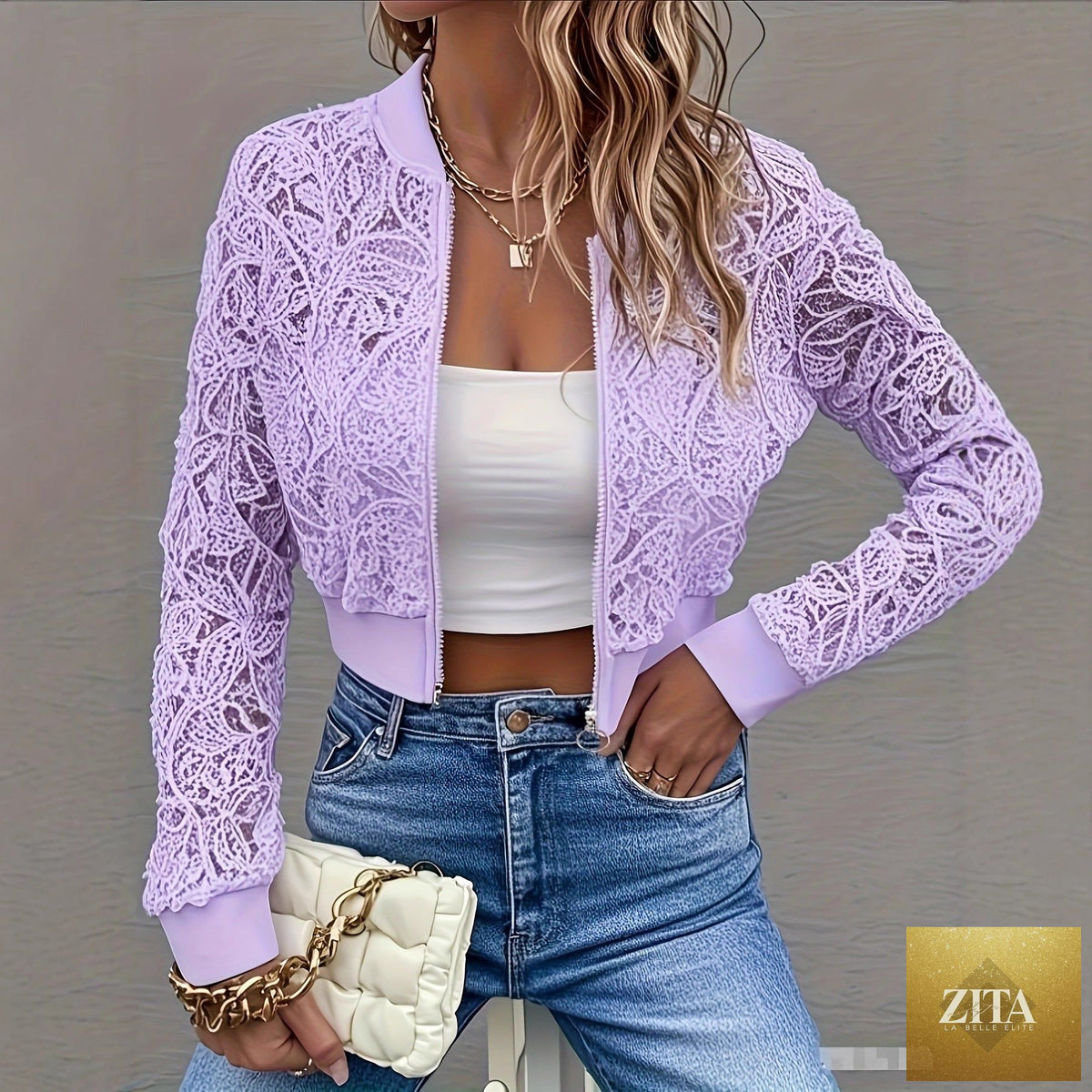 Women's elegant lace long sleeve zip-up jacket by Zita La Belle Elite, casual spring fall top with a stylish design.
