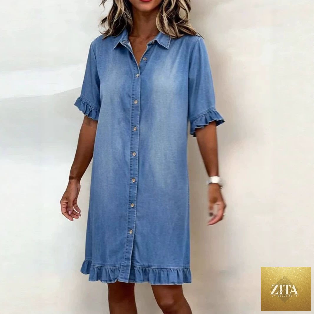 Women's faux denim ruffle-sleeve shirt dress by Zita La Belle Elite, casualwear with stylish ruffle sleeves and a relaxed fit.