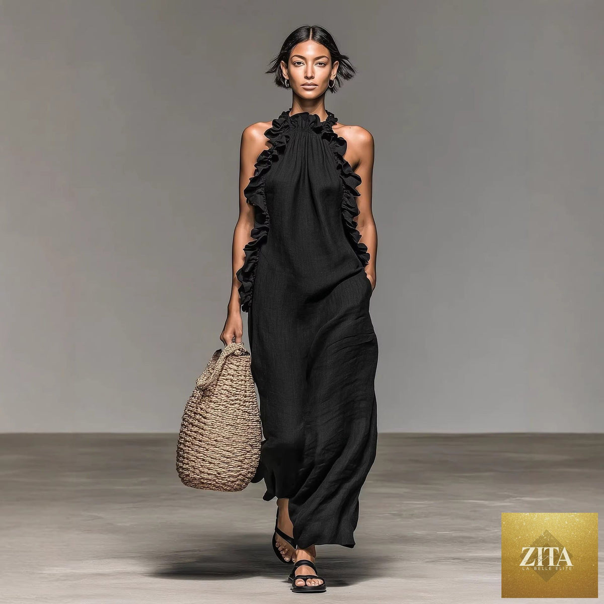 Women's Zita La Belle Elite resort ruffled halterneck sleeveless open-back maxi dress, casualwear perfect for summer.