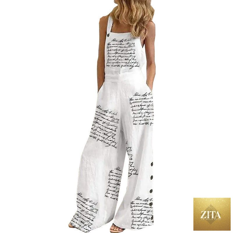 Women’s printed sleeveless casual wide-leg pants with loose fit and vibrant floral pattern, perfect for summer wear.