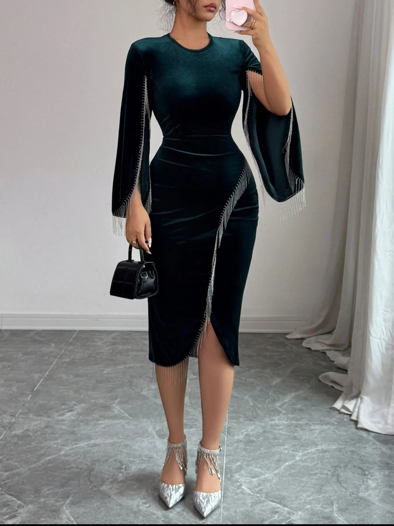 Round neck slit sleeve dress by Shopiebay, stylish casual dress with slit sleeves and a fitted silhouette, perfect for everyday wear.
