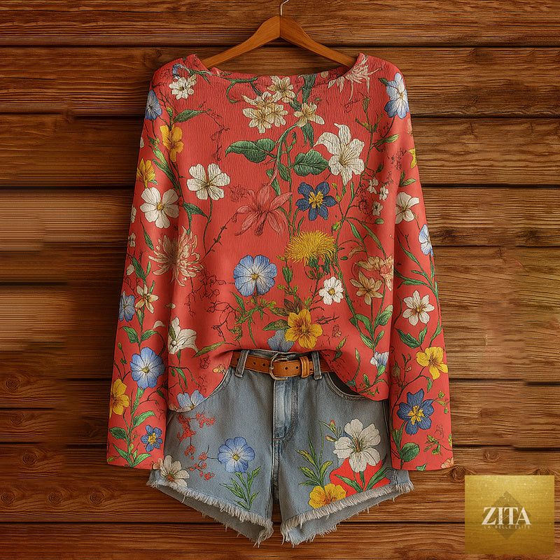 Women’s fall wildflower print long sleeve T-shirt by Zita La Belle Elite, casualwear with colorful floral pattern on soft fabric.