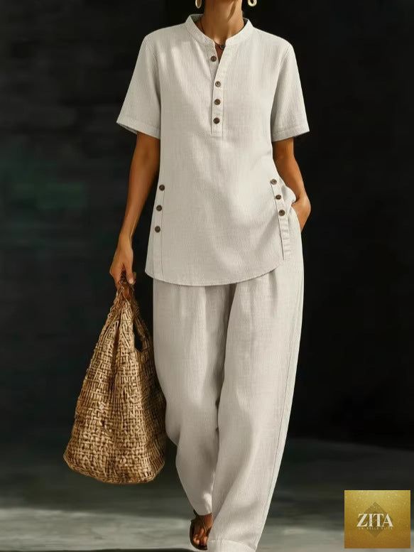 Zita La Belle Elite three-quarter sleeve shirt and wide-leg pants two-piece set in solid casual style, light fabric and relaxed fit.