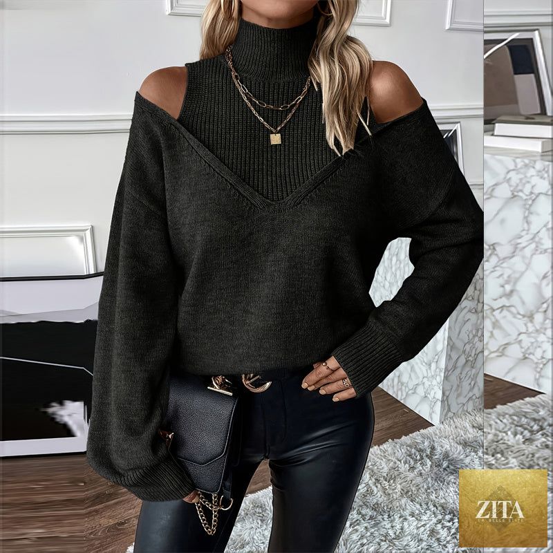 Women’s elegant off-shoulder turtleneck sweater by FitiqueFit, long sleeve knit top perfect for casualwear.