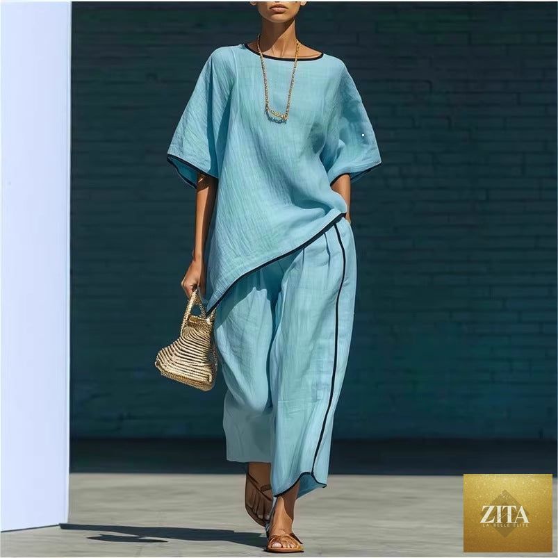 Women’s casual resort loose short-sleeve top and pants set by Zita La Belle Elite, featuring comfortable, relaxed-fit fabric.