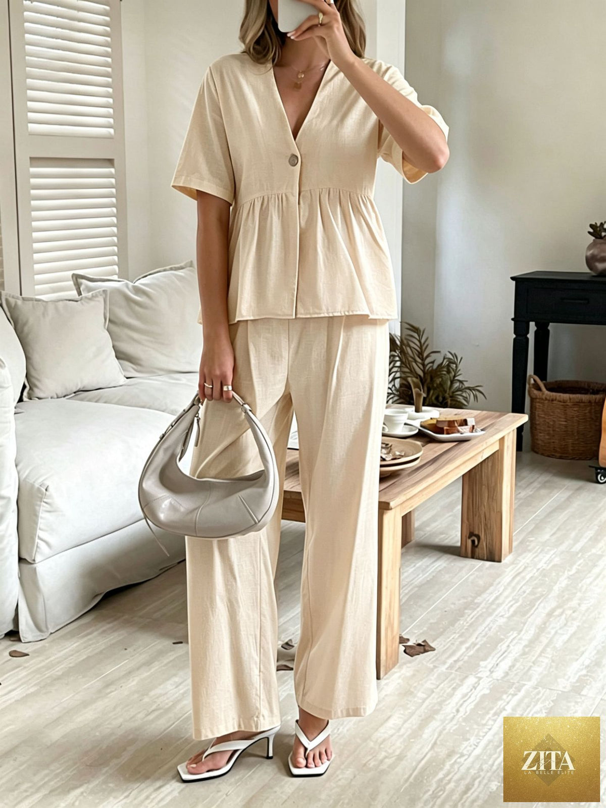 Zita La Belle Elite women's casual V-neck loose short-sleeve top and wide-leg pants set, stylish and comfortable summer outfit.