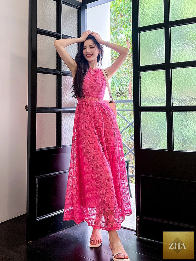 Zita La Belle Elite French tea break long hollow out dress with intricate design and flowing silhouette, shown from the front.