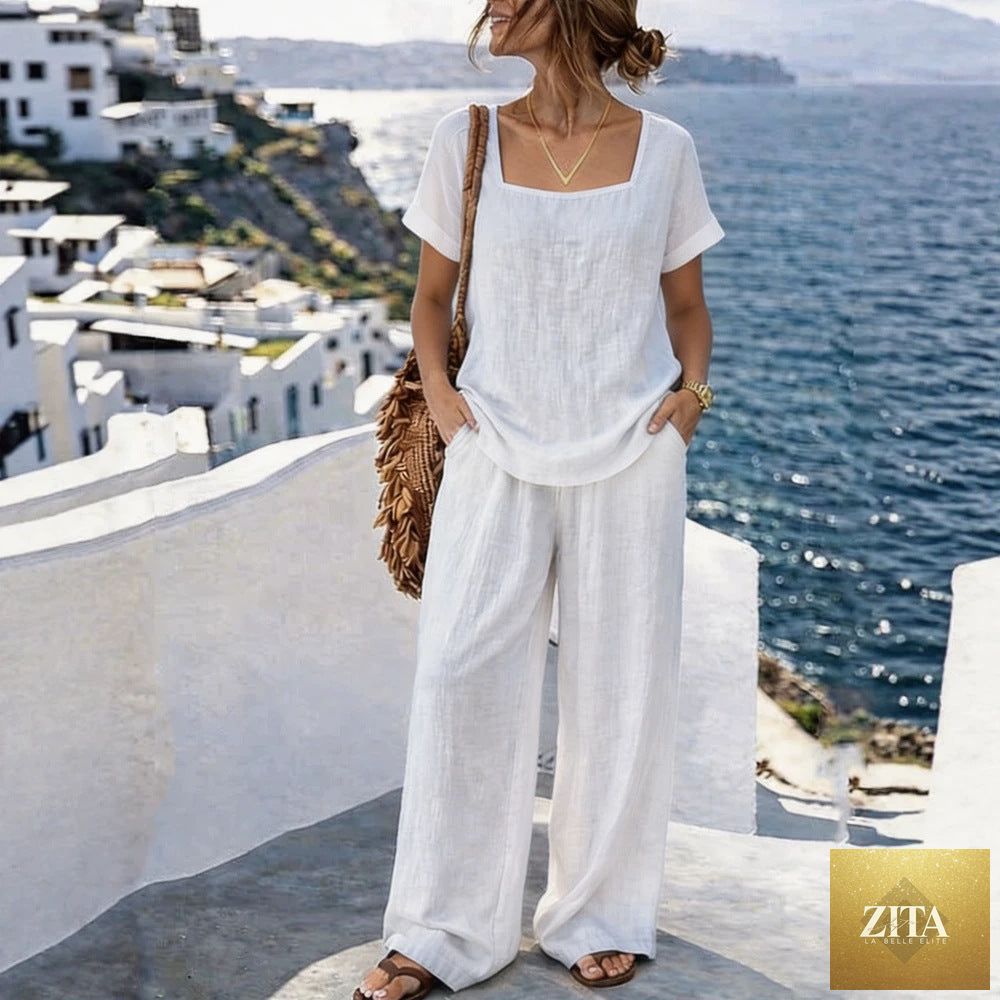 Women's square-neck short-sleeve pantsuit by Zita La Belle Elite, cotton blend two-piece set featuring a tailored top and matching pants.