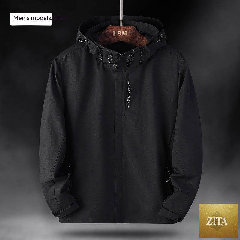 Waterproof men's assault jacket from Social Buzz eSIMs, designed for outdoor sports and mountaineering activities.