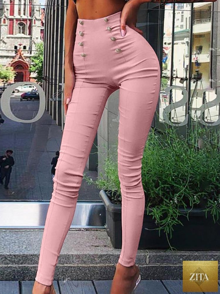 Women's high-waisted casual pants with European and American patchwork, featuring stylish design and comfortable fit.